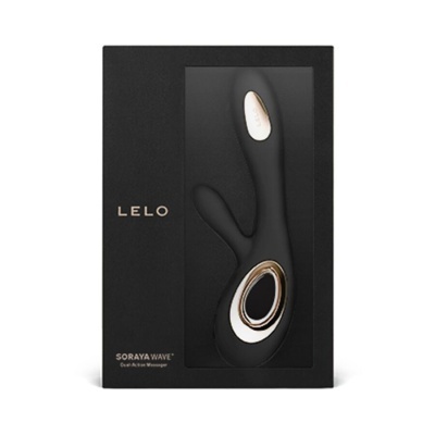 Vibrador LELO Soraya Wave preto e branco em caixa preta com janela transparente