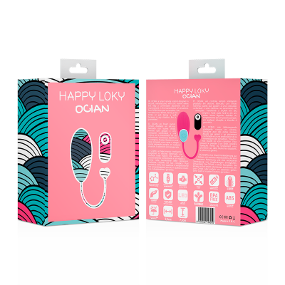 Embalagem do produto Happy Loky Ocián com dispositivo rosa e preto mostrado na frente e verso