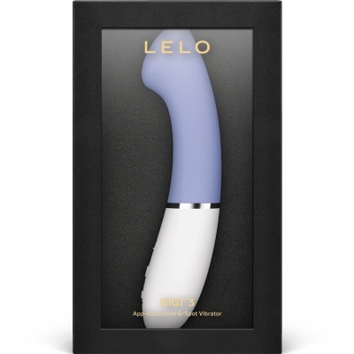 Vibrador LELO GIGI 3 azul lilás e branco na embalagem preta com visor