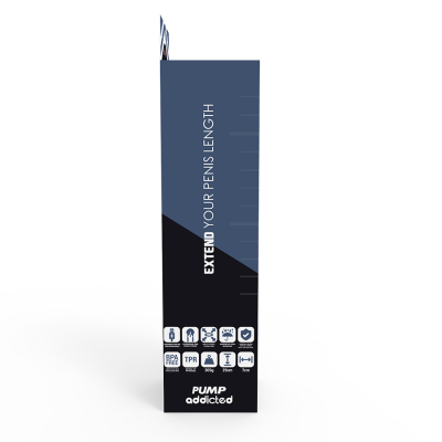 Embalagem preta e azul escuro com texto e ícones do produto Pump addicted.