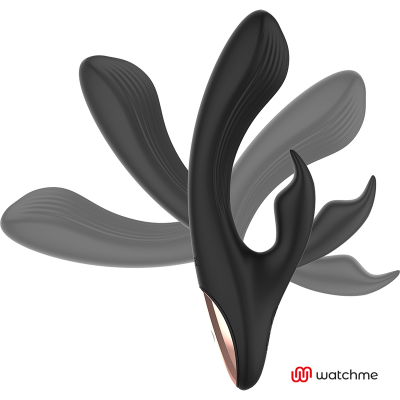 Vibrador preto anatómico com duas extremidades flexíveis e detalhe dourado