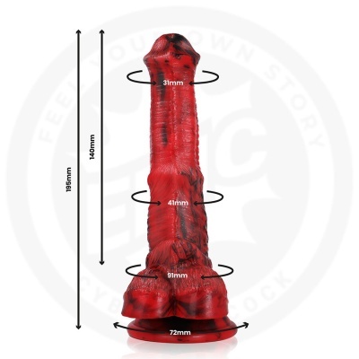Dildo vermelho com texturas e medidas em milímetros