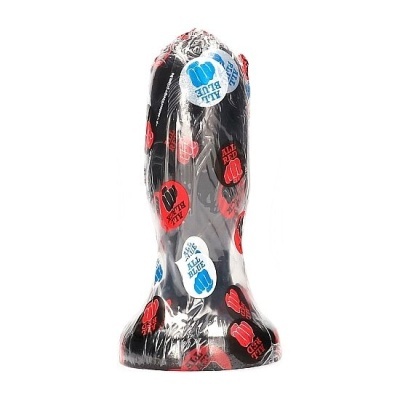 Produto cilíndrico com revestimento plástico e padrões vermelhos e azuis