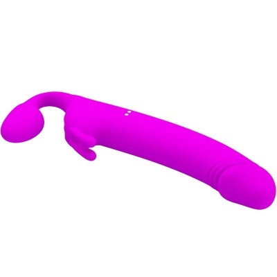 Vibrador roxo de silicone com estimulador menor e botões brancos.