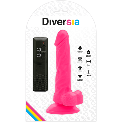 Vibrador rosa em forma de pénis com comando remoto preto em embalagem branca com texto Diversia