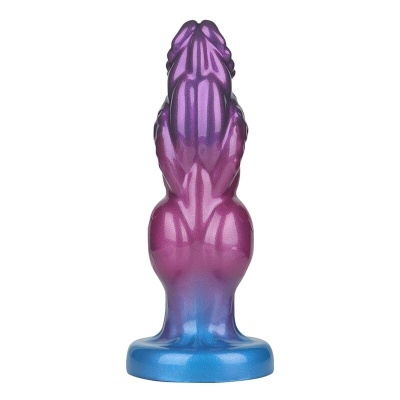 Objeto alongado translúcido azul e roxo com base larga em fundo branco