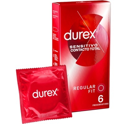 Embalagem e preservativo Durex Sensitivo Contacto Total cor vermelha