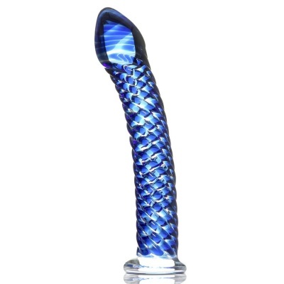Objeto comprido azul com textura escamosa e base transparente