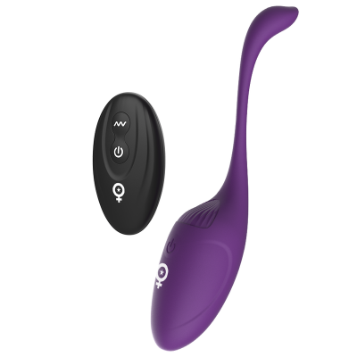 Vibrador roxo com controle remoto preto em fundo branco