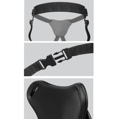 Detalhes de arnês ajustável com correias pretas e acolchoamento preto