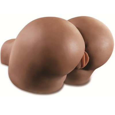 Brinquedos sexuais realistas de silicone castanhos representando nádegas e genitais femininos.
