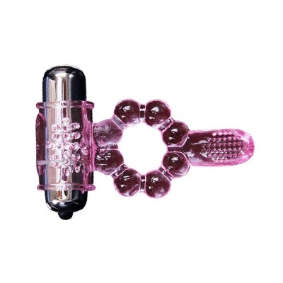 Anel vibrador rosa transparente com balas metálicas e texturas variadas.