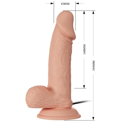 Dildo cor de pele com base de ventosa e medidas visíveis.
