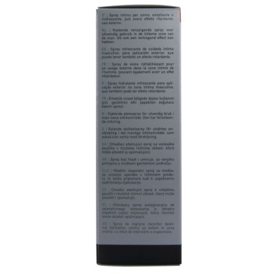 Embalagem branco-cinzenta com texto multilingue para spray íntimo