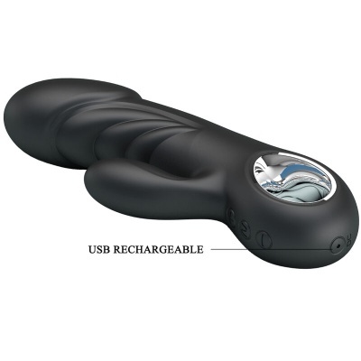 Vibrador preto recarregável USB com textura suave e detalhe prateado