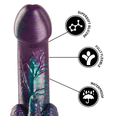 Vibrador roxo e azul com textura veia e ícones de silicone supersuave, flexível e à prova de água