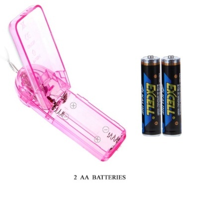 Carregador de pilhas AA rosa transparente com duas pilhas AA Excell pretas à direita