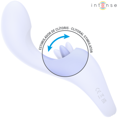 Produto em silicone branco para estimulação clitoriana com texto e símbolos de certificação