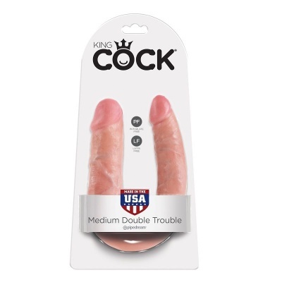 Embalagem com dois objetos fálicos realistas em silicone cor de pele, marca KING COCK