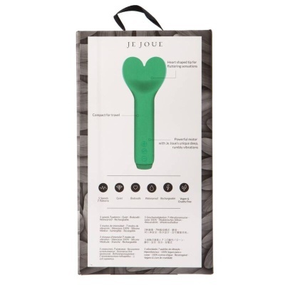 Embalagem de vibrador verde em forma de coração da marca JE JOUE com descrições e ícones de funcionalidades