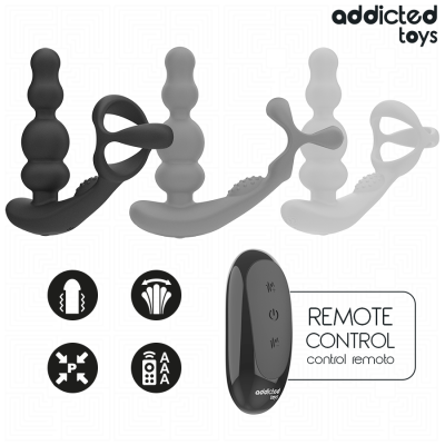 Brinquedos sexuais anal em silicone com comando remoto e texto REMOTE CONTROL control remoto.