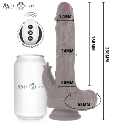 Dildo castanho com medidas em milímetros, lata branca e controle remoto com texto Mr!ntense e REMOTE CONTROL