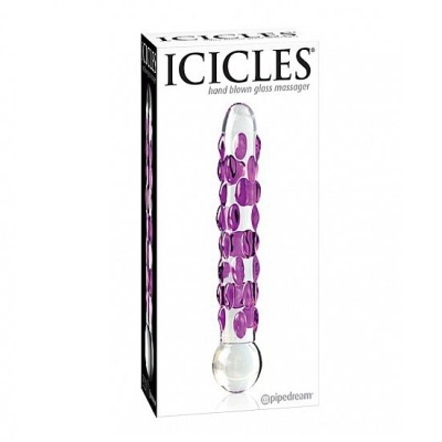 Embalagem do massageador ICICLES de vidro soprado, transparente com relevos roxos.