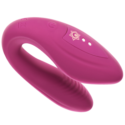 Dispositivo vibratório curvo cor de rosa em silicone com símbolos e textura nervurada