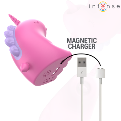 Carregador magnético em forma de unicórnio rosa com asas lilás e cabo USB branco