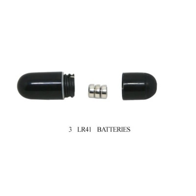 Três pilhas LR41 prateadas entre partes de invólucro preto com texto 3 LR41 BATTERIES