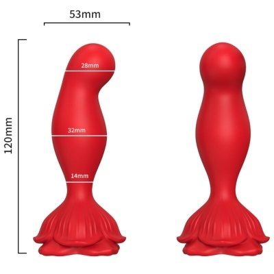 Plug anal vermelho com base em forma de flor, medidas detalhadas em milímetros