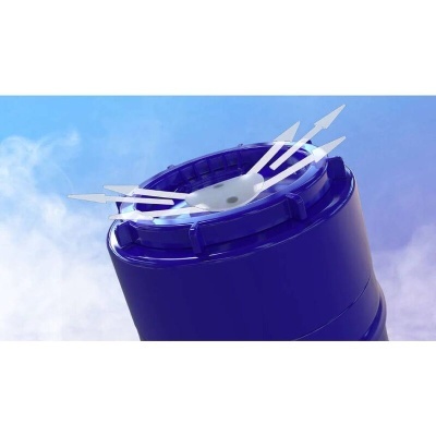 Produto cilíndrico azul com topo branco e setas transparentes apontando para fora