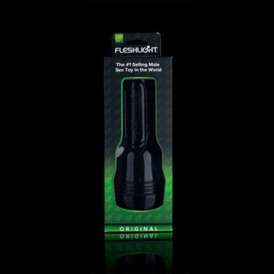 Brinquedo sexual masculino preto na embalagem preta e verde com texto visível