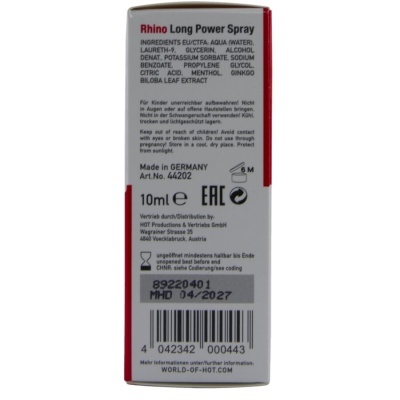 Embalagem branca e vermelha do Rhino Long Power Spray com texto e informações do produto.