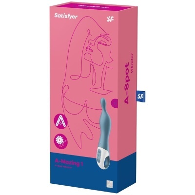 Embalagem rosa e azul do vibrador A-Mazing 1 da Satisfyer com texto e ilustração do produto