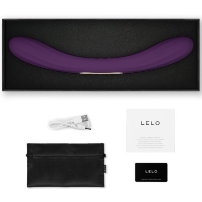 Conjunto de produto roxo com cabo USB, saco preto e documentos da marca LELO