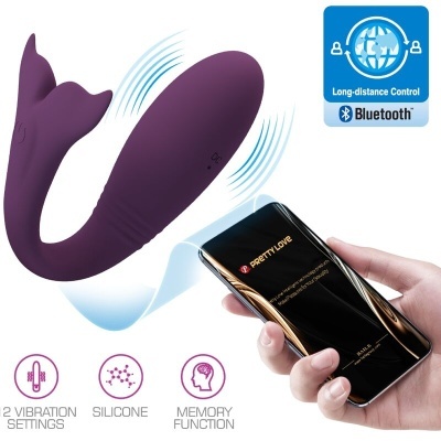 Dispositivo sexual roxo em silicone com controle por smartphone e ícones de funções