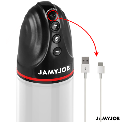 Dispositivo JAMYJOB preto e branco com botões e cabo USB branco