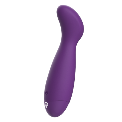 Vibrador curvo roxo de silicone com botão e símbolo feminino na base