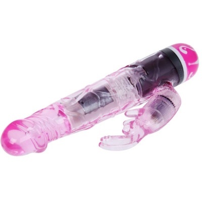 Vibrador rosa transparente com estimulador coelho e botão rotativo