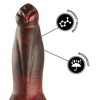 Dildo vermelho e preto de silicone com indicações de características