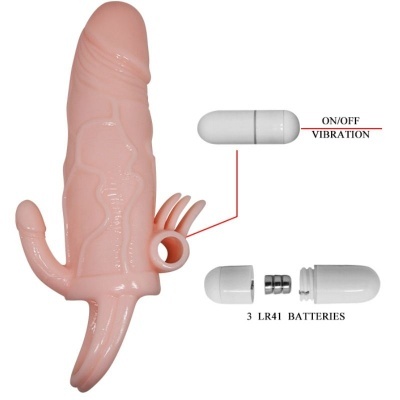 Vibrador anatómico rosa com dispositivo vibrador branco e indicação ON/OFF e pilhas