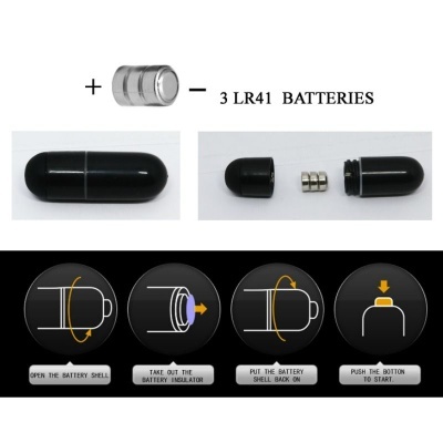 Dispositivo em cápsula preta dividido em duas partes com três pilhas LR41 e instruções ilustradas em inglês.