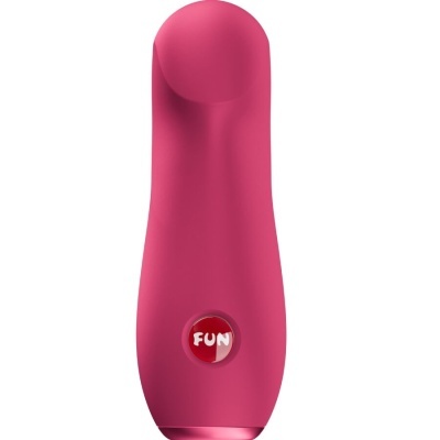 Vibrador rosa com botão vermelho escrito FUN