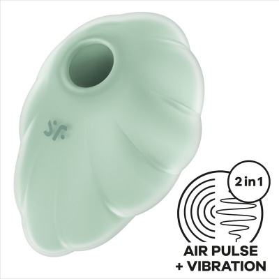 Produto verde claro em forma de concha com abertura circular e texto AIR PULSE + VIBRATION 2in1