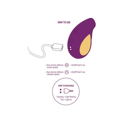 Dispositivo roxo com instruções de uso e recarga em inglês