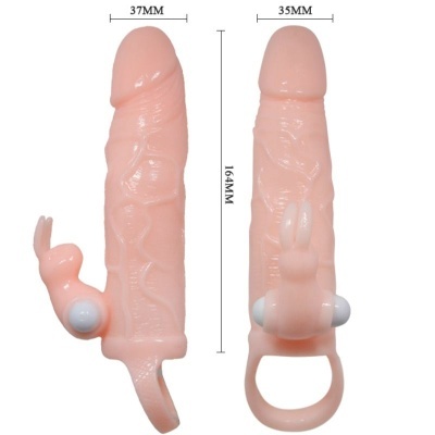 Anel peniano de silicone cor pele com vibrador em forma de coelho e textura veia