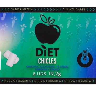 Embalagem de chicletes diet sabor menta com texto em espanhol e logo de maçã preta