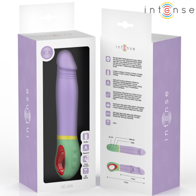 Embalagem de vibrador roxo intenso VELMA com base verde e detalhe vermelho
