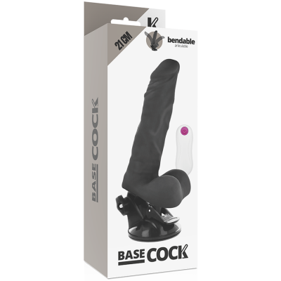 Dildo preto flexível com ventosa e controladora branca em embalagem BASE COCK